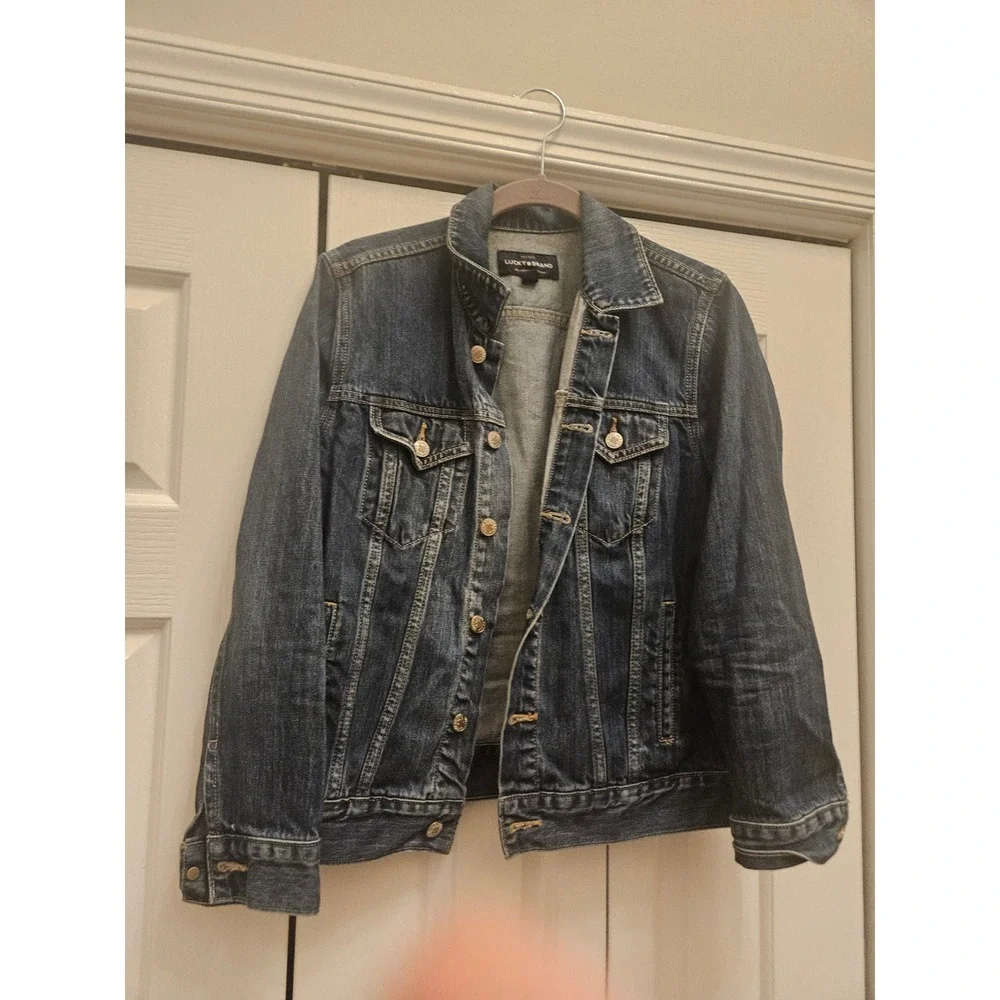 Lucky Brand Mens Denim Trucker Jacket Dark Wash Blue Size M Classic Jean Jacket